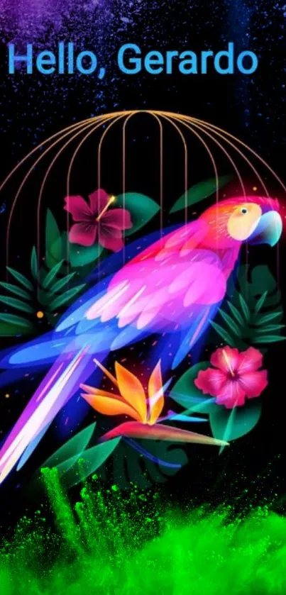 Vibrant parrot and flowers with neon colors on dark background.