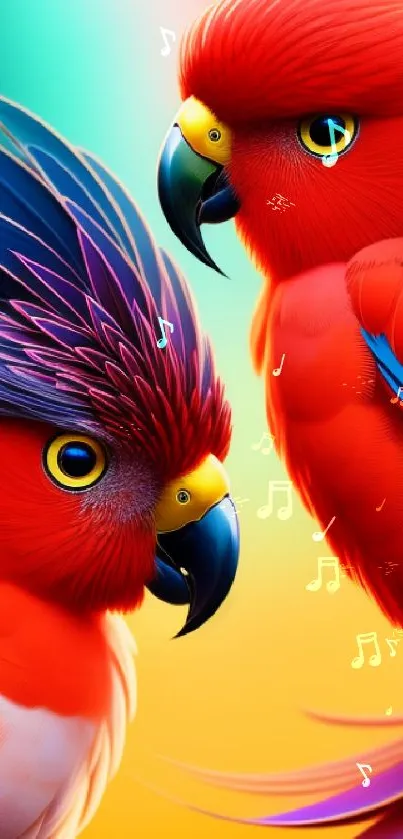 Vibrant parrots with colorful feathers in red, purple, and blue hues on mobile wallpaper.