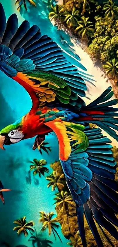 Colorful parrot soaring over tropical beach with lush greenery.