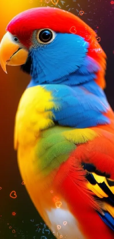 Vibrant red parrot with multicolored feathers against blurred colorful background.