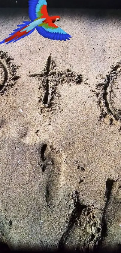 Parrot flying above symbols in sand beach.