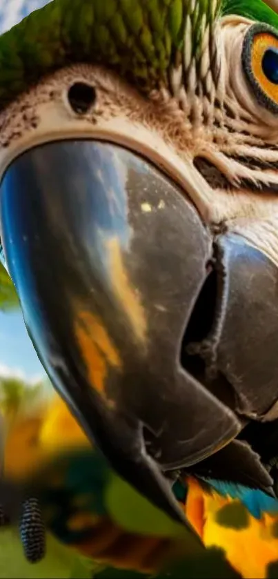 Close-up of a vibrant parrot with detailed feathers in a tropical setting.