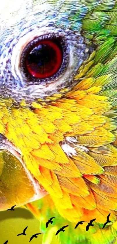 Vibrant parrot close-up with colorful feathers on a mobile wallpaper.