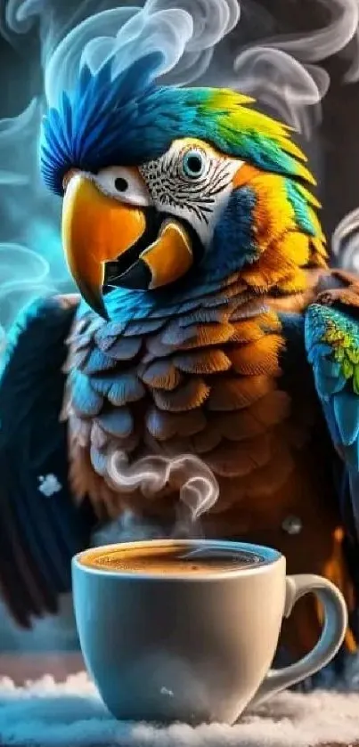 Colorful parrot with a steaming coffee cup in a dynamic mobile wallpaper.