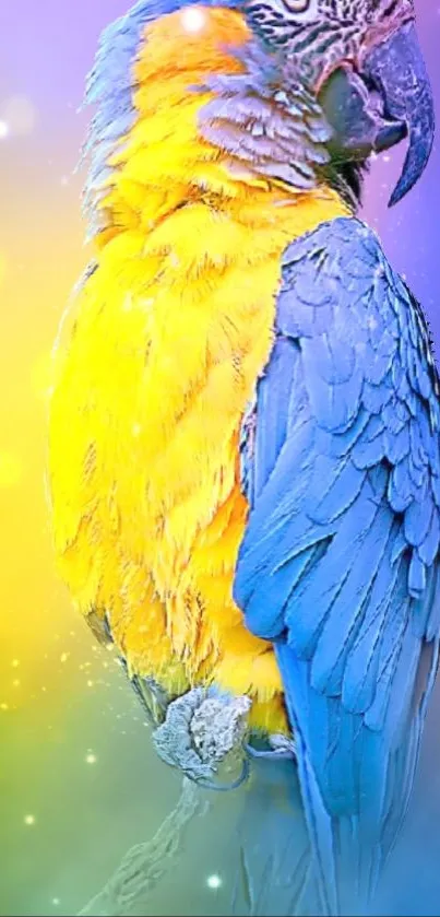 Vibrant yellow and blue parrot mobile wallpaper with sparkling effect.