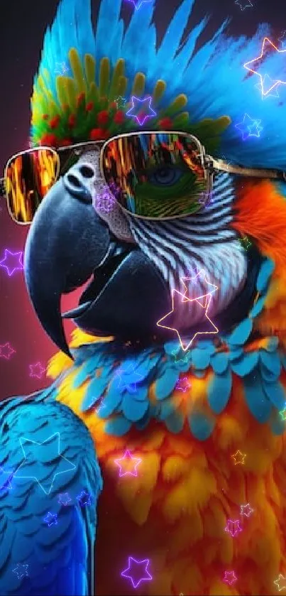 Vibrant parrot with sunglasses on a blue background.