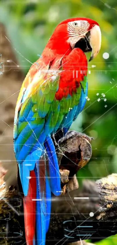 Vibrant parrot perched on branch in a colorful digital art scene.