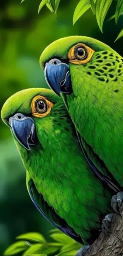 Two vibrant green parrots perched on a branch with lush foliage background.