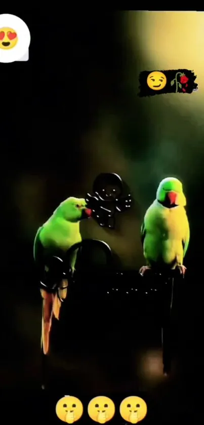 Two vibrant green parrots on a dark background.