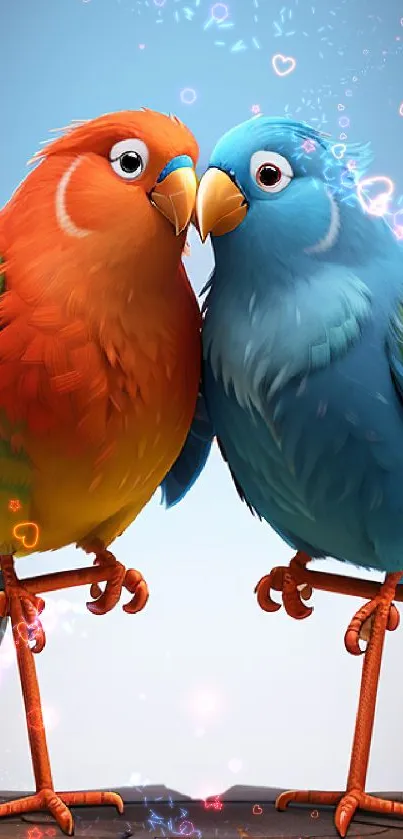 Two colorful parrots against a bright blue sky on a mobile wallpaper.