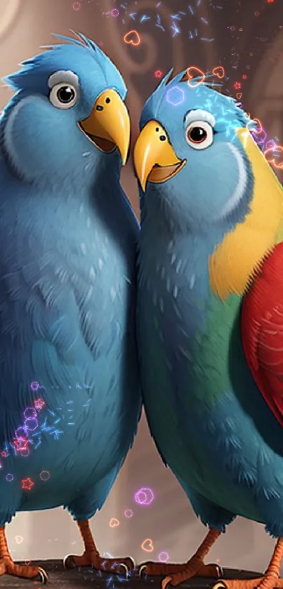 Vibrant blue and colorful parrots on branch. Whimsical art style.