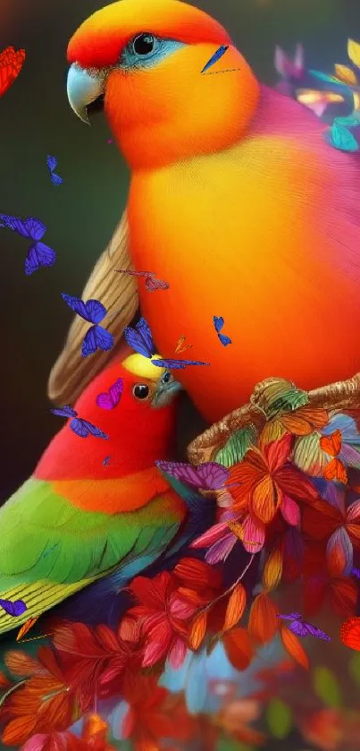 Vibrant parrot duo with colorful foliage in a tropical setting.