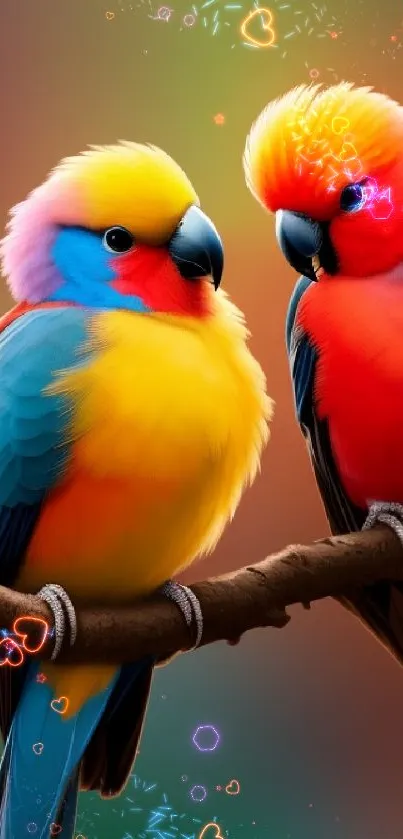 Vibrant parrot duo perched on a branch with colorful feathers.