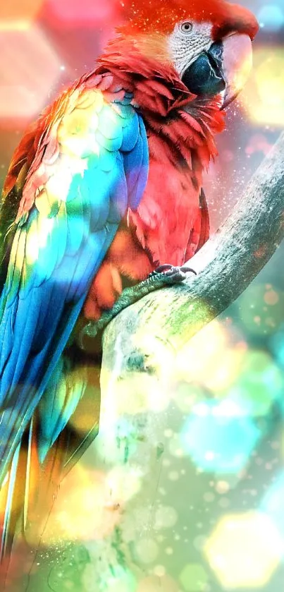 Vibrant and colorful parrot on a branch with fantasy background effects.