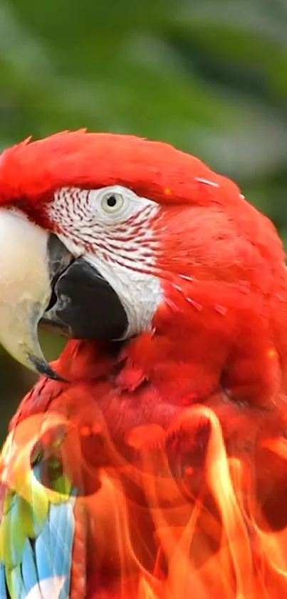 Vivid parrot with fiery plumage on a green background.