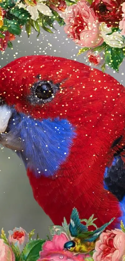 Vibrant red parrot amidst colorful flowers and foliage mobile wallpaper.