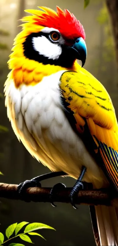 Colorful parrot perched in a lush, sunlit forest setting.