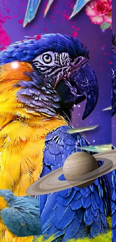 Colorful parrot with galaxy and planet background wallpaper.