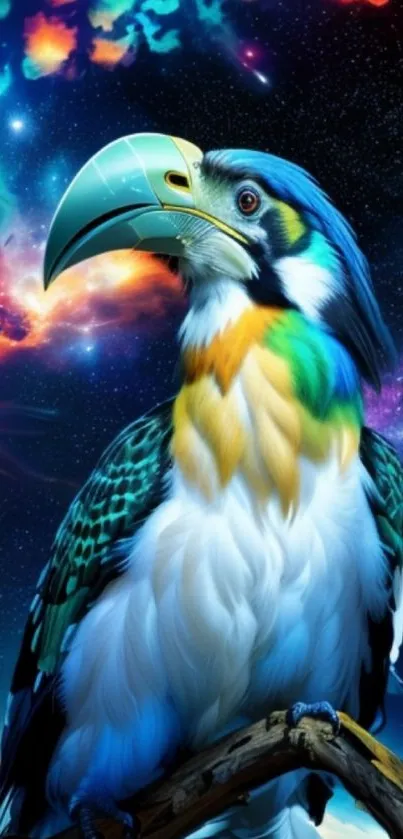 Vibrant parrot with galaxy backdrop in colorful mobile wallpaper.