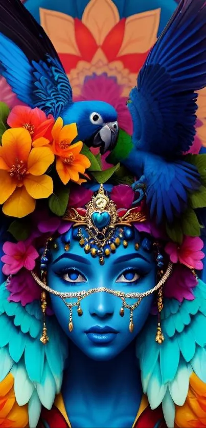 Vibrant blue goddess with parrot and flowers in this stunning mobile wallpaper.