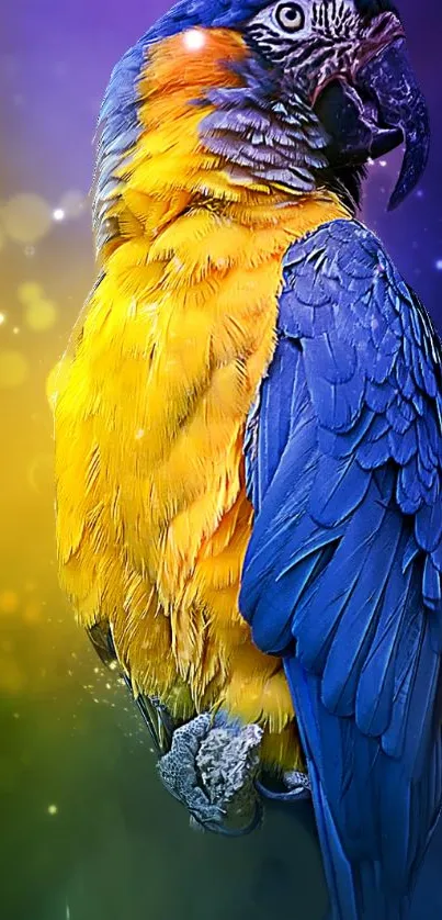 Vibrant blue and yellow parrot on a colorful background.