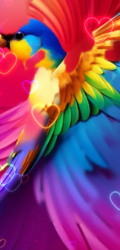 Colorful parrot with heart overlays on a vibrant background.