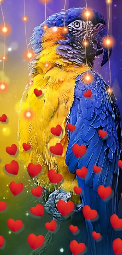 Colorful parrot with glowing hearts and lights background.