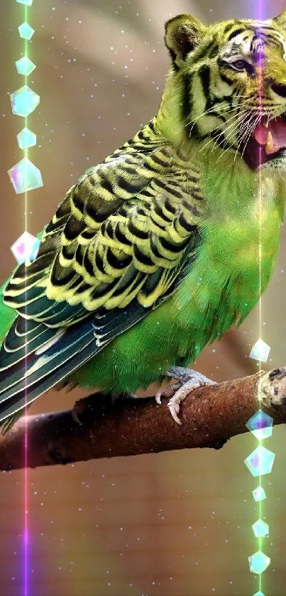 Mobile wallpaper with a tiger-patterned parrot perched on a branch.
