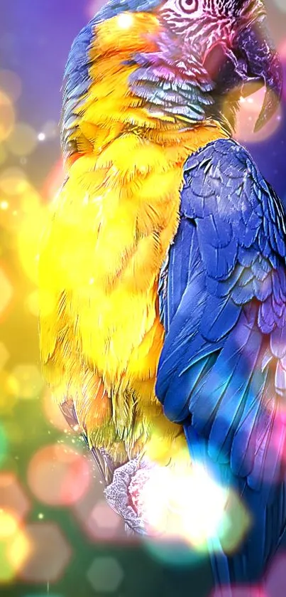 Vibrant parrot with blue and yellow feathers against bokeh light background.