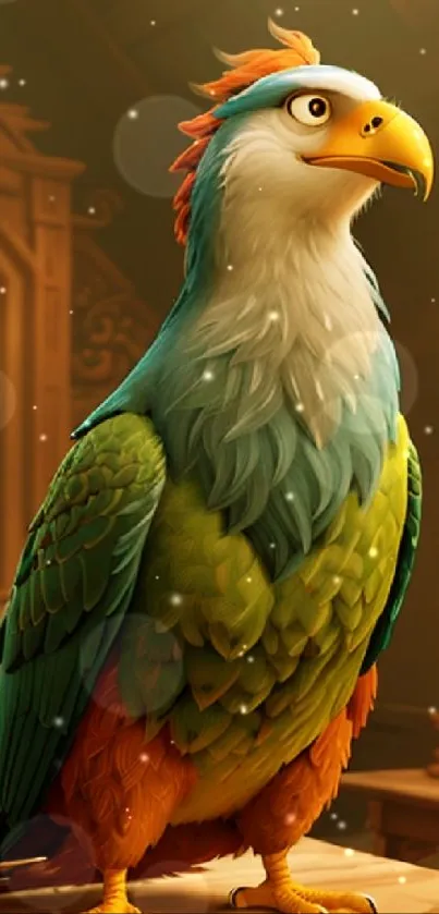 Colorful parrot in a warmly lit cozy room with vibrant feathers.