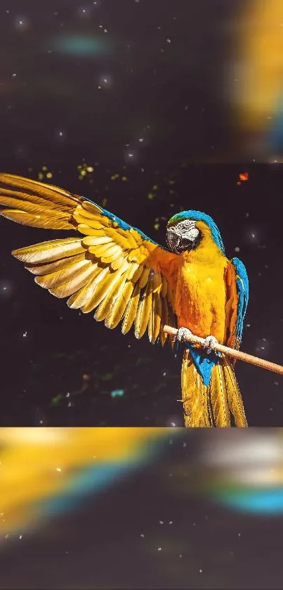 Vibrant yellow parrot spreading its wings in a stunning flight.