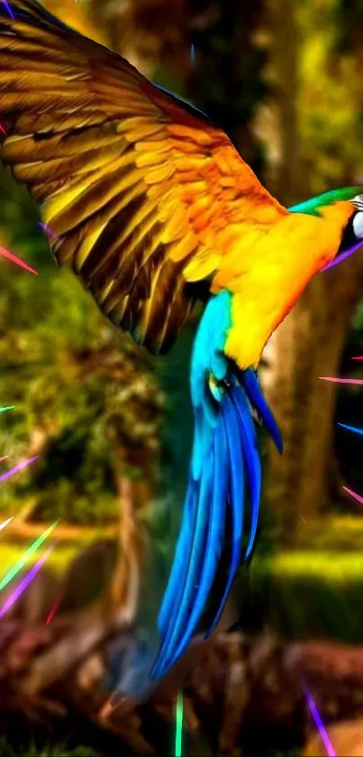 Vibrant parrot in flight with colorful feathers on a nature background.