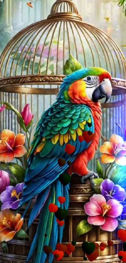 Colorful parrot perched before a floral birdcage.