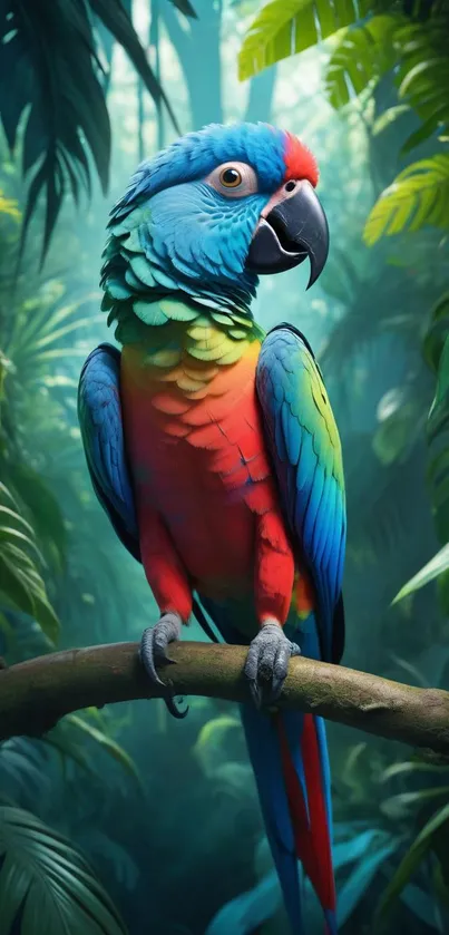 A colorful parrot perched in a lush jungle setting, ideal for mobile wallpaper.