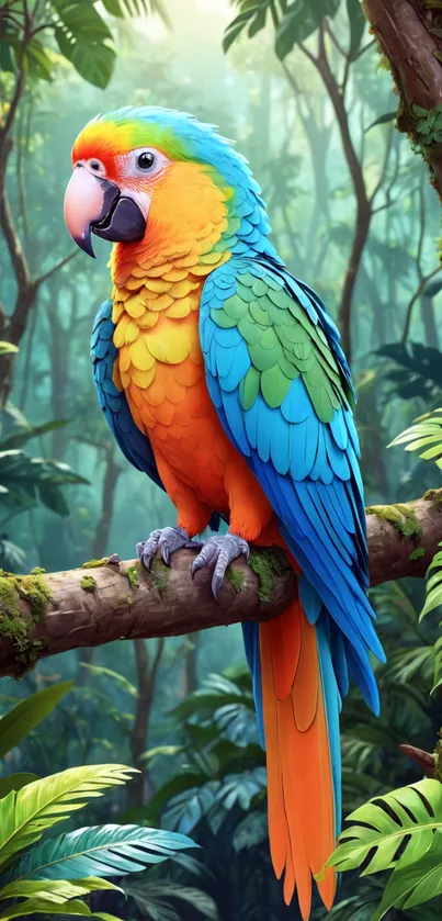 Colorful parrot perched in lush jungle background.