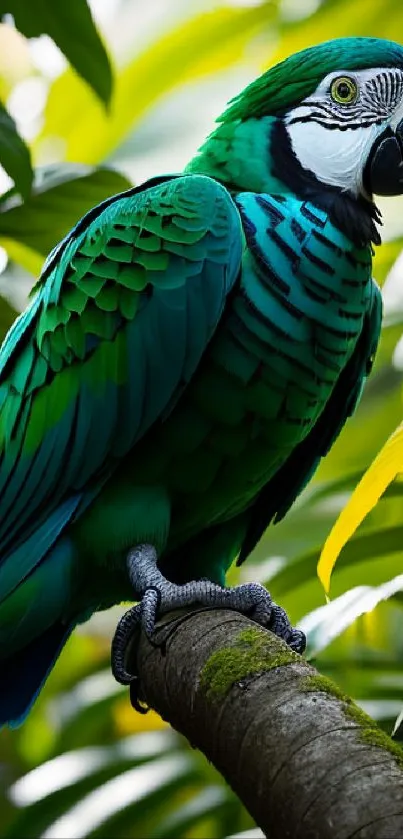 Colorful parrot perched in a lush, green jungle setting.