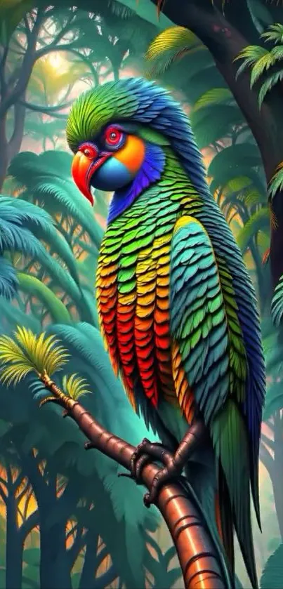 Vibrant parrot perched in lush rainforest setting.