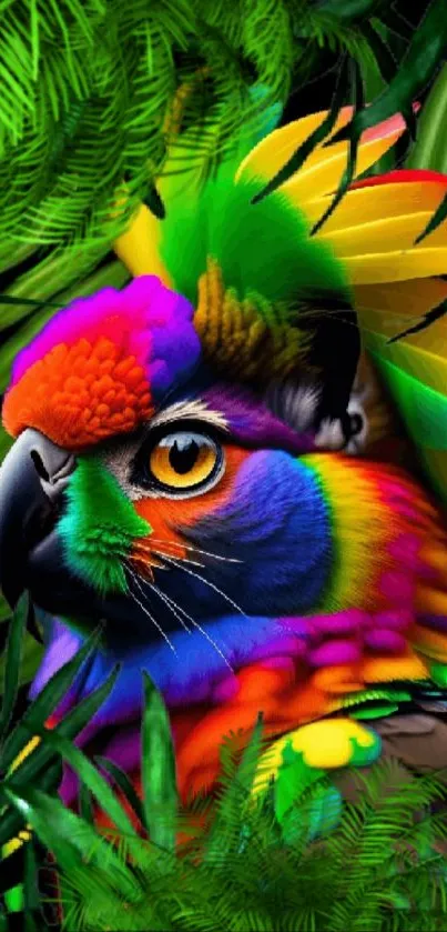 Vibrant parrot with colorful feathers in a lush jungle setting.