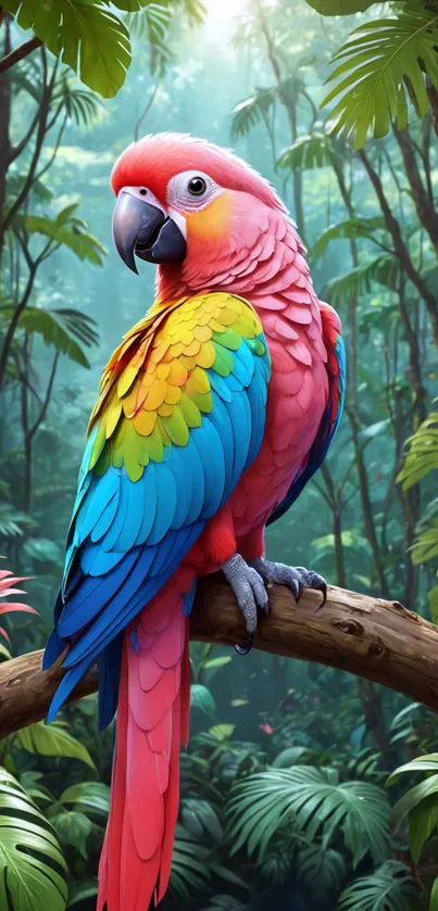 Colorful parrot perched in vibrant jungle.