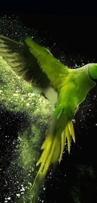 A dynamic green parrot in flight with vibrant splashes on a dark background.