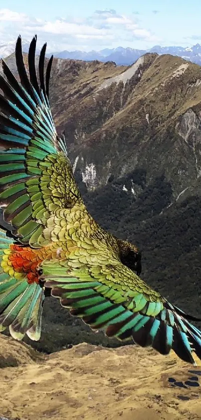 A vibrant parrot in flight over majestic mountains.