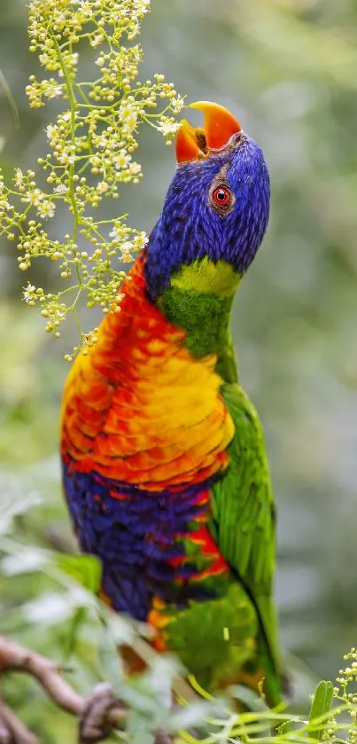 Vibrant rainbow lorikeet among green foliage.