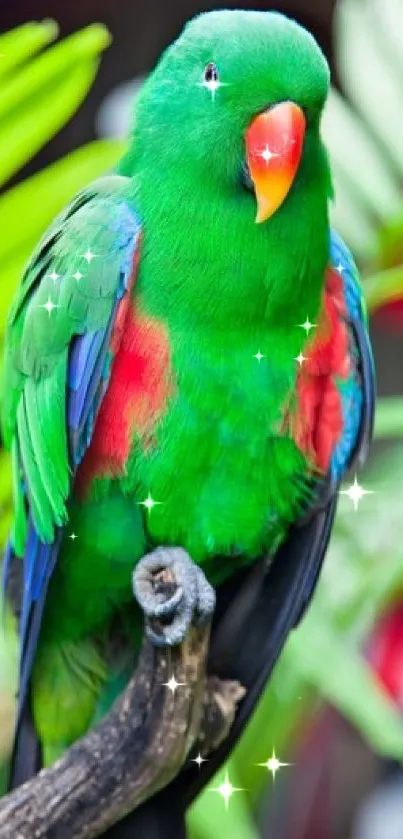 Vibrant green parrot perched on a branch with lush leaves.