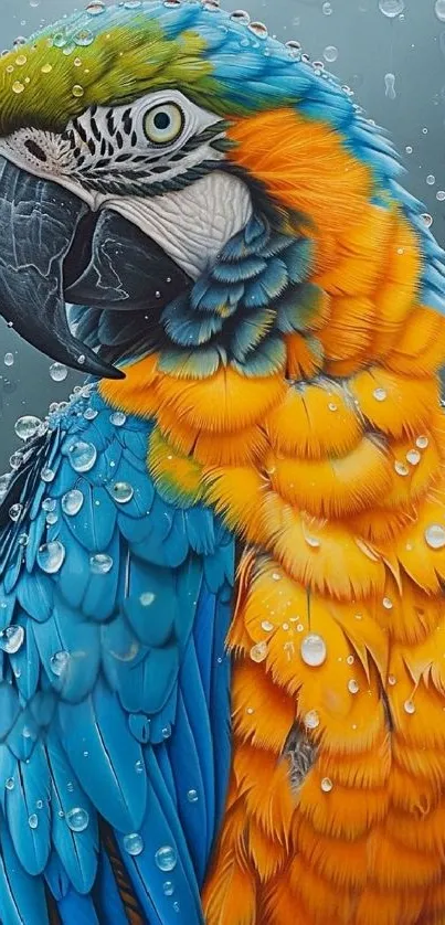 Colorful parrot with raindrops on feathers, showcasing vibrant blues and oranges.