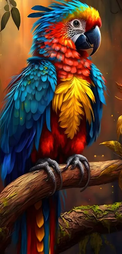 Colorful parrot perched in a vibrant rainforest setting.