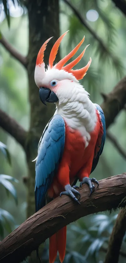 Colorful parrot perched in rainforest with vibrant blue and orange feathers.