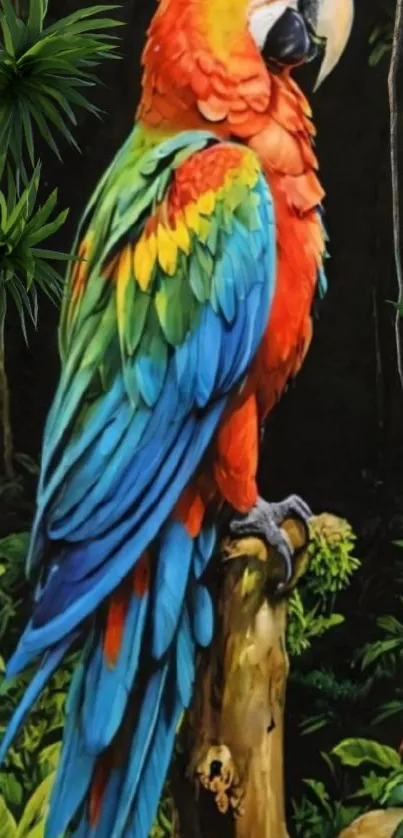 Vibrant parrot perched in tropical jungle setting.