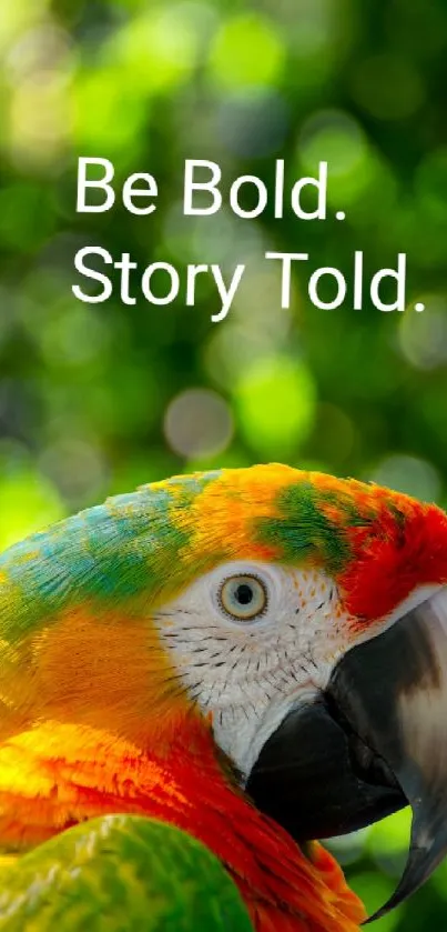 Colorful parrot with motivational text on green background.