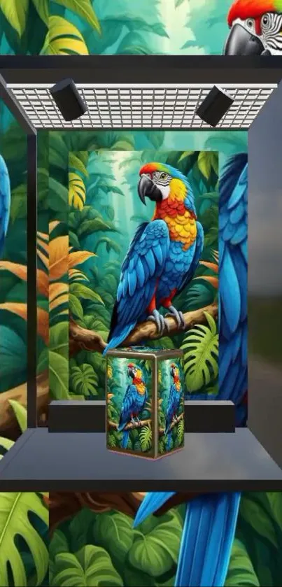 Colorful parrot in a vibrant jungle artwork, designed for phone wallpaper.