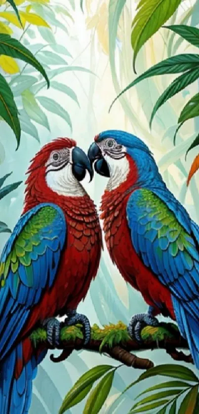 Two colorful parrots in a tropical jungle setting with lush greenery.